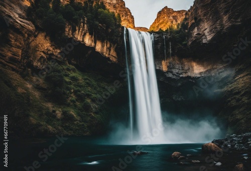 a waterfall flowing through a canyon in a landscape with rocks