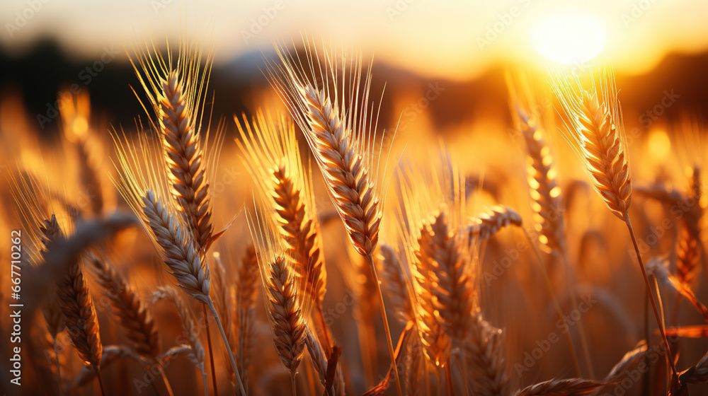 Golden Ripe Ears of Wheat on Nature in Summer Field at Sunset Rays of Sunshine Defocused Background Golden Ripe Ears of Wheat on Nature in Summer Field at Sunset Rays of Sunshine Defocused Background