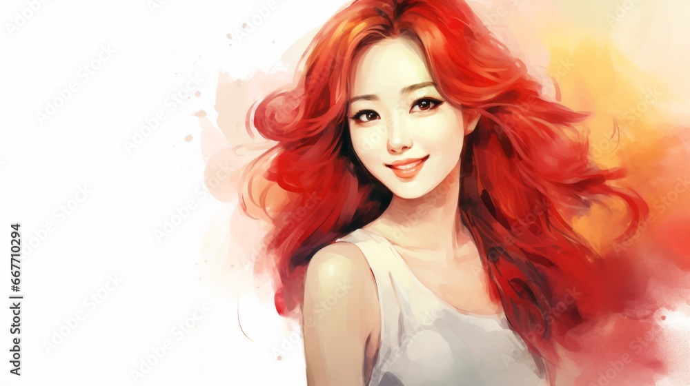 Smiling Adult Chinese Woman with Red Straight Hair Watercolor Illustration. Portrait of Casual Person on white background with copy space. Photorealistic Ai Generated Horizontal Illustration.
