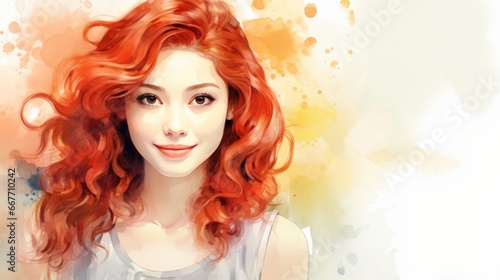 Smiling Adult Chinese Woman with Red Curly Hair Watercolor Illustration. Portrait of Casual Person on white background with copy space. Photorealistic Ai Generated Horizontal Illustration.