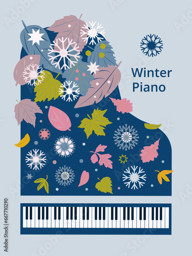 Photography Artistic winter poster with blue piano leaves, snowflakes and text, on a light gray-blue  background