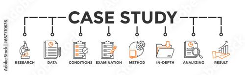 Case study banner web icon vector illustration concept with icon of research, data, conditions, examination, method, in-depth, analyzing, and result