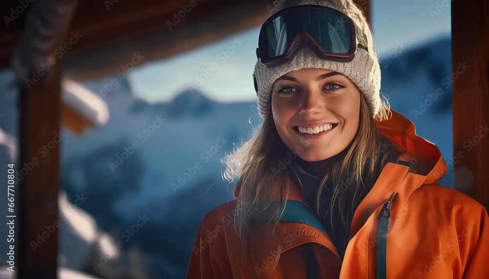 Girl resting at a ski resort on a winter morning