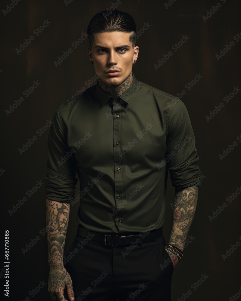 Obraz premium Man With Intricate Tattoos in Dimly Lit Space
