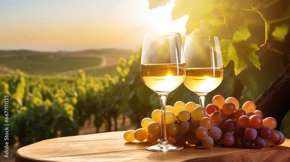 two glasses of white wine on a wooden table in clear weather. background vineyards. wine production. alcoholic drink.