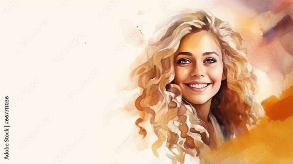 Smiling Adult Indian Woman with Blond Curly Hair Watercolor Illustration. Portrait of Casual Person on white background with copy space. Photorealistic Ai Generated Horizontal Illustration. Smiling Adult Indian Woman with Blond Curly Hair Watercolor Illustration. Portrait of Casual Person on white background with copy space. Photorealistic Ai Generated Horizontal Illustration.