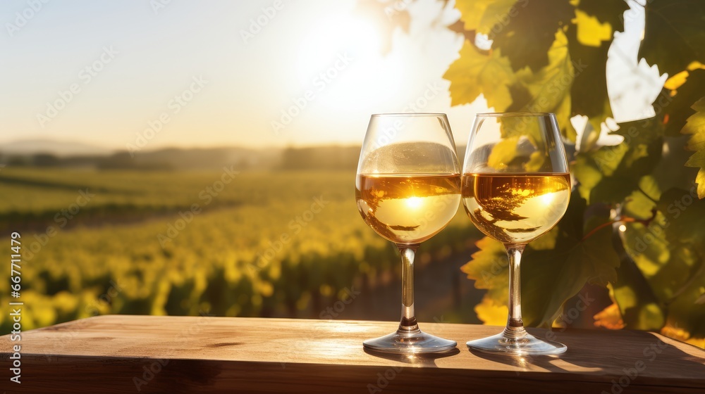 two glasses of white wine on a wooden table in clear weather. background vineyards. wine production. alcoholic drink.