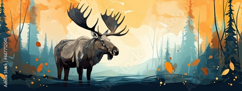 Animal moose  couples in love in the corner, Copy text space, simple color background, Generative AI photo