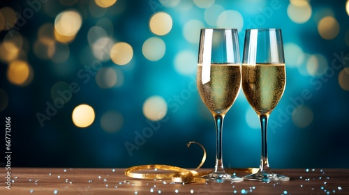 Two Champagne Glasses in front of a festive turquoise Background. Template for Holidays and Celebrations