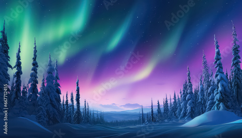 Beautiful aurora borealis over the forest in winter