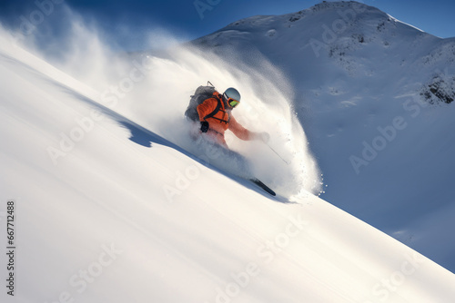 Winter Bliss: Skier Carving Through Fresh Powder