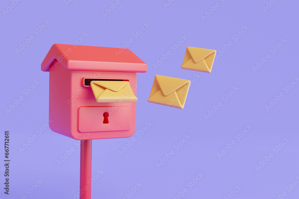 Postbox with mail envelope. Mail delivery, Mailbox, Post office, Sent mail message, Incoming mail, Paper plane, Message, Mail icon, Newsletter. Minimal cartoon. 3d minimal rendering illustration