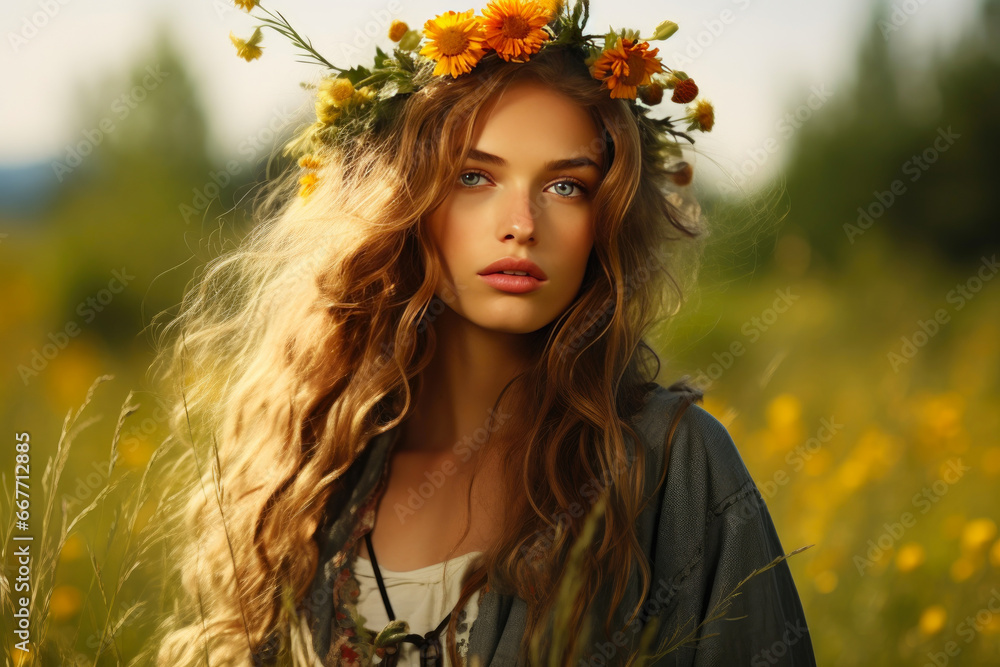 Naklejka premium Graceful Bohemian Maiden Embraced by Nature