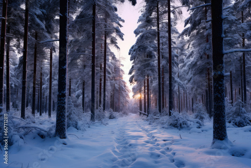 Pine Veiled in Evening's Snowy Hush
