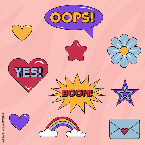 Sticker retro y2k pack set. Star, heart, rainbow, flower, letter in the style of the 2000s. Vector illustration
