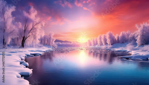 Winter river with trees covered with frost against the background of sunset