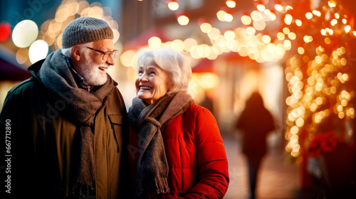 Happy senior couple enjoying christmas market  buying gifts. AI Generated