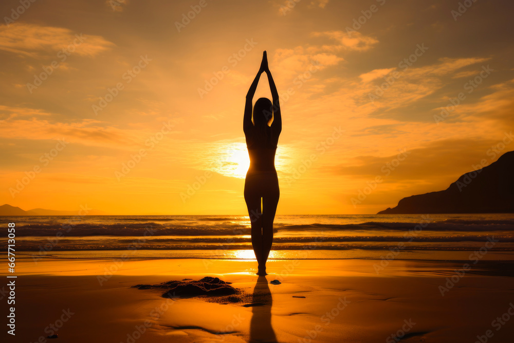Harmony in Nature: Woman Practicing Yoga at Dusk