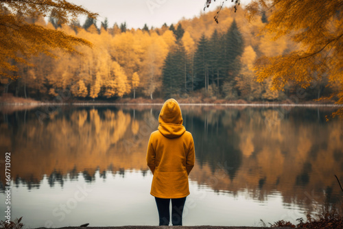Fall's Elegance: Reflective Woman Beside a Serene Lake
