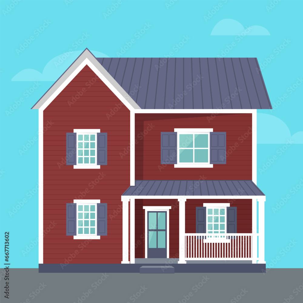 Vector house with porch. Red two-storey house with porch. Vector illustration 
