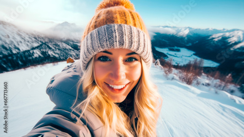 Happy woman posing for winter selfie on a ski resort. Sport and healthy lifestyle concept. AI Generated