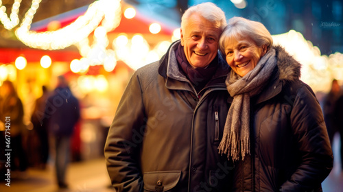 Happy senior couple enjoying christmas market, buying gifts. AI Generated