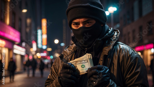 A successful robber celebrates his robbery with his loot in his hands