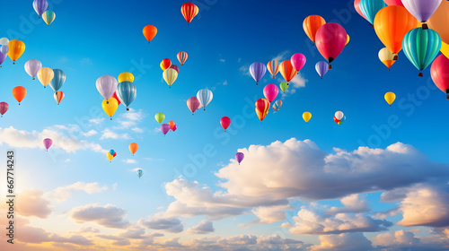 magine a vivid scene dominated by a brightly colored balloons soaring gracefully against a clear azure sky.