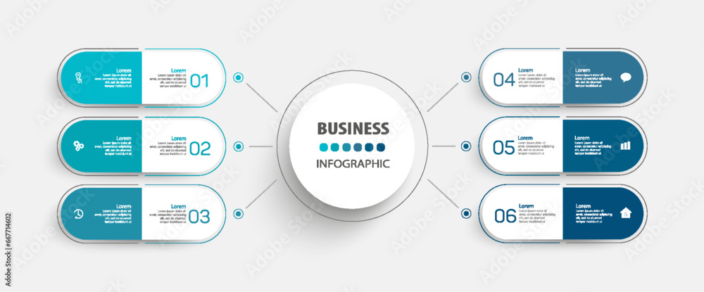 Business vector infographic design template with icons and 6 options or steps. Can be used for process diagram, presentations, workflow layout, banner, flow chart, info graph Business vector infographic design template with icons and 6 options or steps. Can be used for process diagram, presentations, workflow layout, banner, flow chart, info graph