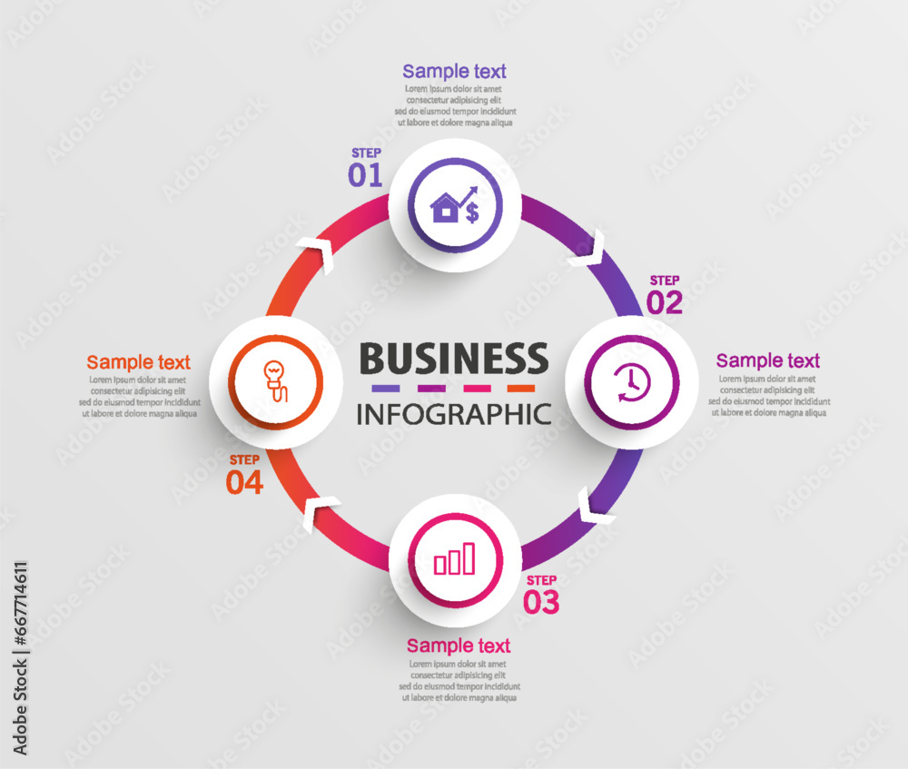 Creative business infographic template with icons and 4 steps. Can be used for workflow layout, diagram, annual report, web design Creative business infographic template with icons and 4 steps. Can be used for workflow layout, diagram, annual report, web design