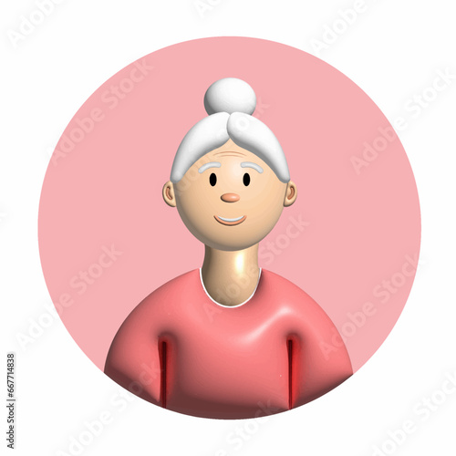 3D avatar of a gray-haired elderly woman on a pink round background. Grandmother, woman of advanced years, old woman, persioner