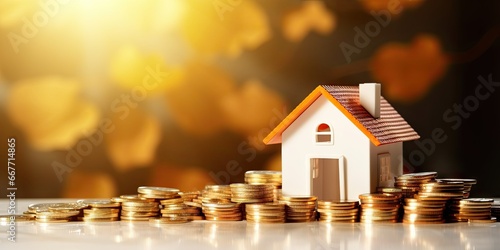 House and golden coins. Estate investment. Building wealth through housing. Finance future. Property path. Money and mortgages. Key concepts in real estate. Currency stacks in market. Financial view