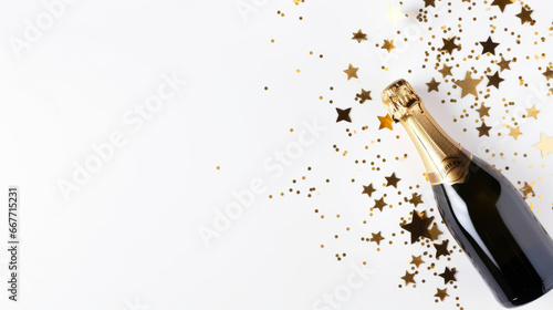 top view of a bottle of champagne on a white background with golden star-shaped confetti, copy space 