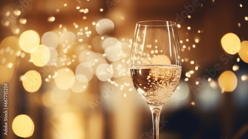 a close up of a glass of champagne on a bokeh background