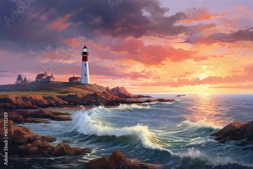 Illustration of a lighthouse landscape with an impressionistic painting style. Generative AI