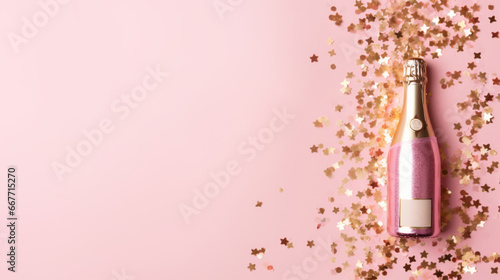 top view of a rose-gold bottle of champagne on a pink background with confetti, copy space