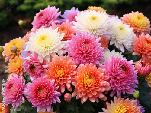 A colorful bunch of chrysanthemum flowers arranged closely together in a vibrant cluster.