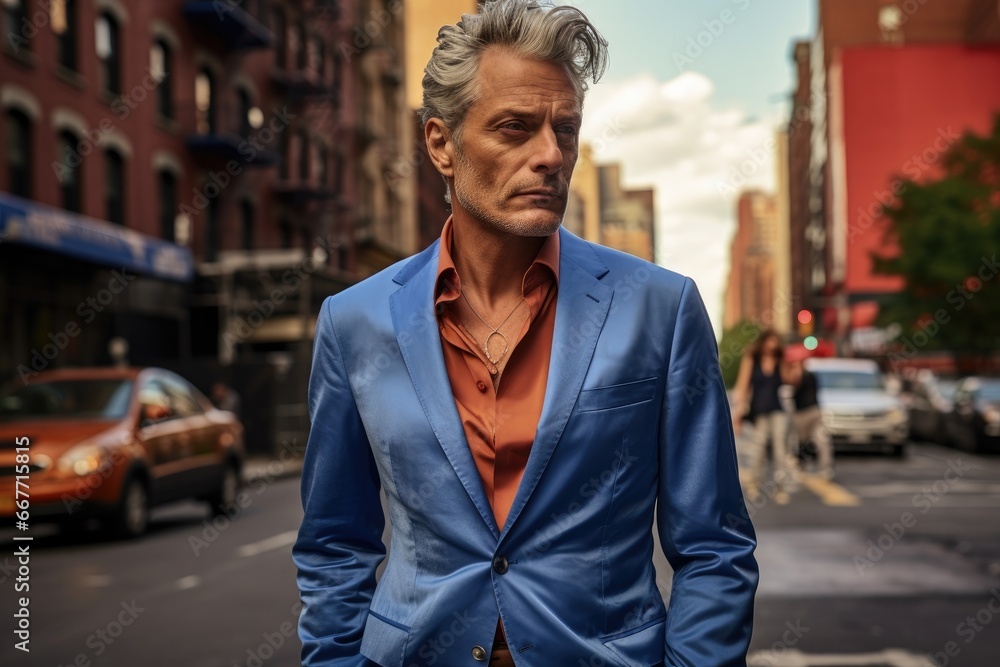 Man in Blue Suit Standing on City Street Man in Blue Suit Standing on City Street
