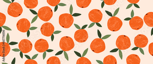 Vector seamless background. Fruit bright pattern. Print of orange oranges with leaves on a light background. Ideal for gift wrapping, textile design, screensavers, covers, cards and invitations.
