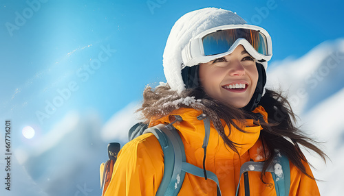 Happy woman skier against the backdrop of mountains © terra.incognita