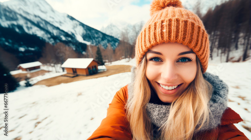 Happy woman posing for winter selfie on a ski resort. Sport and healthy lifestyle concept. AI Generated © millenius