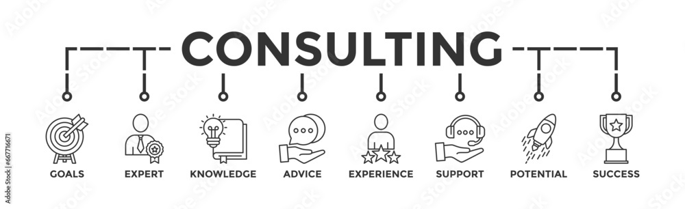 Consulting banner web icon vector illustration concept for business consultation with an icon of goals, expert, knowledge, advice, experience, support, potential, and success Consulting banner web icon vector illustration concept for business consultation with an icon of goals, expert, knowledge, advice, experience, support, potential, and success