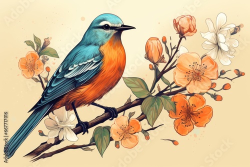 Bird on Branch with Colorful Flowers © pham
