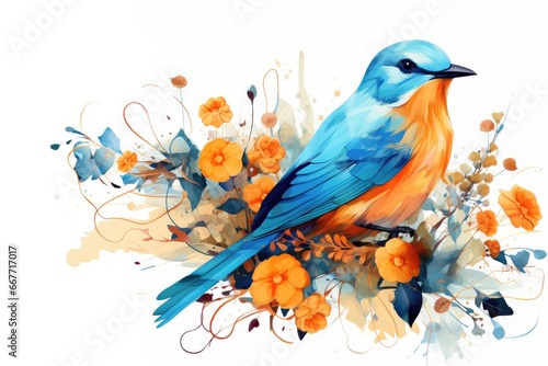 A Beautiful Blue Bird Surrounded by Vibrant Orange Flowers © pham