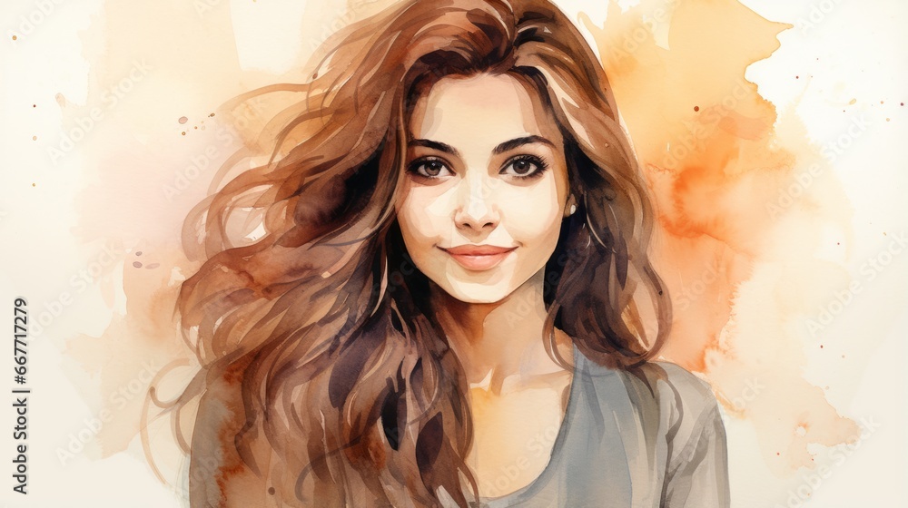 Smiling Adult Persian Woman with Brown Straight Hair Watercolor Illustration. Portrait of Casual Person on white background with copy space. Photorealistic Ai Generated Horizontal Illustration.