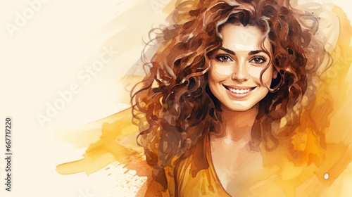 Smiling Adult Persian Woman with Brown Curly Hair Watercolor Illustration. Portrait of Casual Person on white background with copy space. Photorealistic Ai Generated Horizontal Illustration.