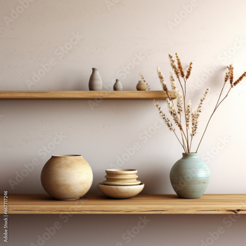 Generative AI,Interior of modern living room with wooden shelf, vases and plants © 은호 이