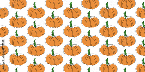 One Line Pumpkin seamless pattern on white background © Natallia