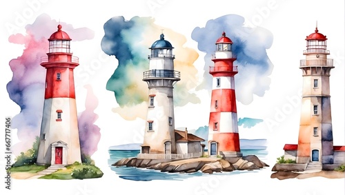 Watercolor illustration of beautiful colorful lighthouses in white background 