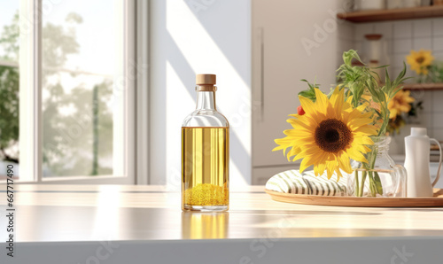 bottle of sunflower oil in the white light kitchen with wooden facades and appliances photo